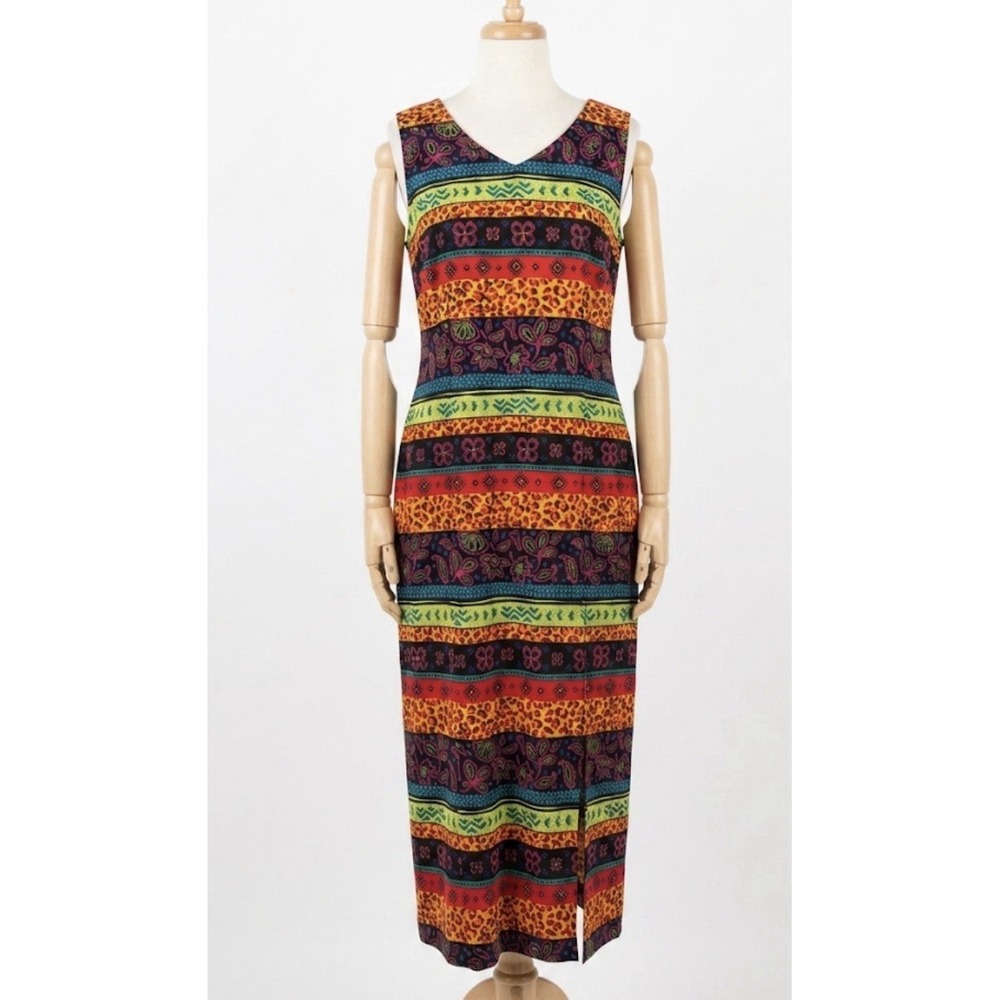 VTG Sag Harbor Maxi Dress 90s Whimsigoth Mixed Print Cheetah Floral Front Slit